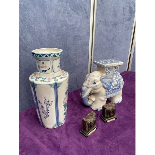 159 - Ceramic Vase and Elephant plant stand with two elephant candles.