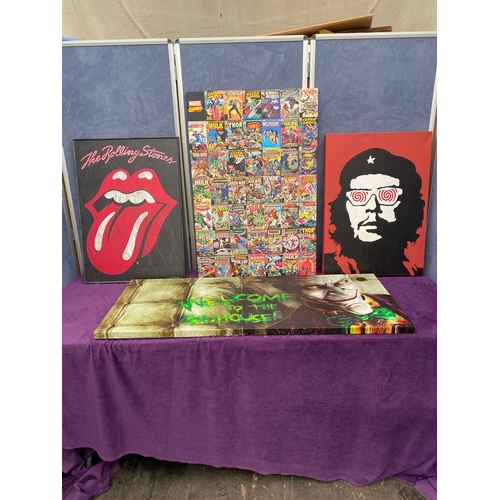 165 - Four vibrant canvases including Joker, The rolling stones, Marvel and Che Guevara in hypnotising gla... 