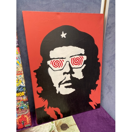 165 - Four vibrant canvases including Joker, The rolling stones, Marvel and Che Guevara in hypnotising gla... 