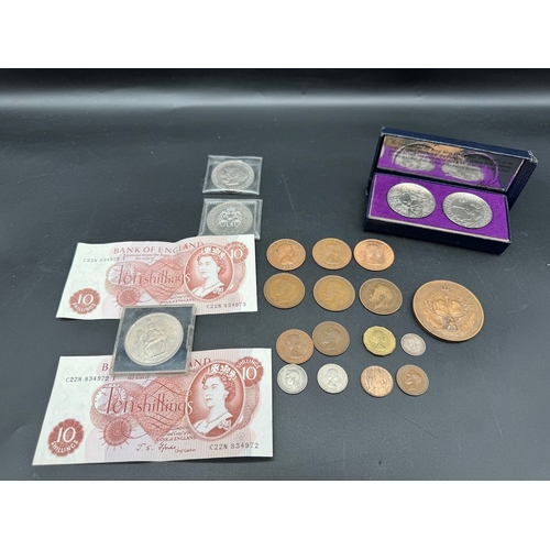 18 - Collection of British Coins Two 10 Shilling Bank Notes + Commemorative Coins and Bronze Stuckhart Me... 