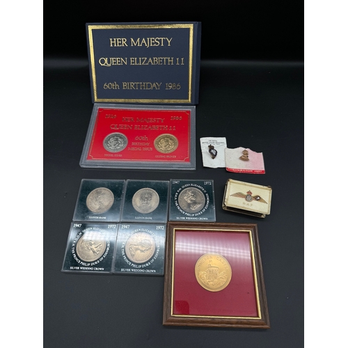 23 - Collection of Commemorative Coins / Pin Badges + RAF Tin Match Box Shroud