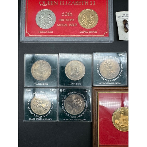 23 - Collection of Commemorative Coins / Pin Badges + RAF Tin Match Box Shroud