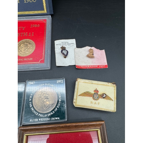 23 - Collection of Commemorative Coins / Pin Badges + RAF Tin Match Box Shroud