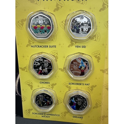 25 - Complete display set of Disney Fantasia Collectable Proof 50p Coins including Gold plated, fine .999... 