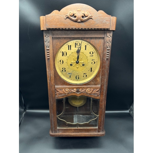 31 - Early 20th Century Oak Cased Gustav Becker Regulator Wall Clock with gilded face includes key - 67cm... 