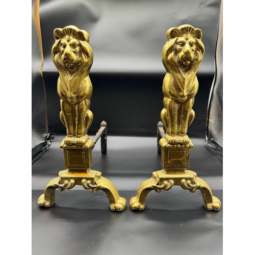 35 - Pair of antique brass lion Andirons / Firedogs