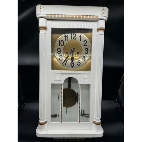 37 - White painted Early 20th century oak cased wall regulator clock - with key