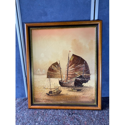 46 - C.Chan (Chinese 20th century) oil on canvas framed depicts a canton shipping boat