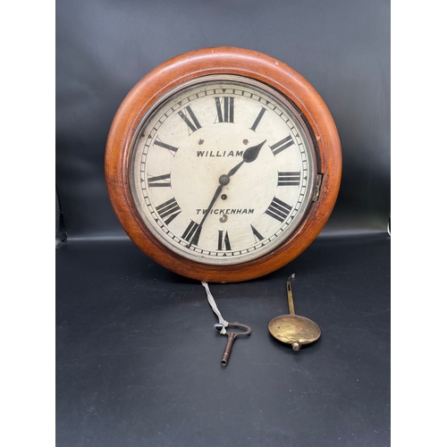 52 - Antique Fusee Station Wall Clock by Williams Twickenham - included key and pendulum