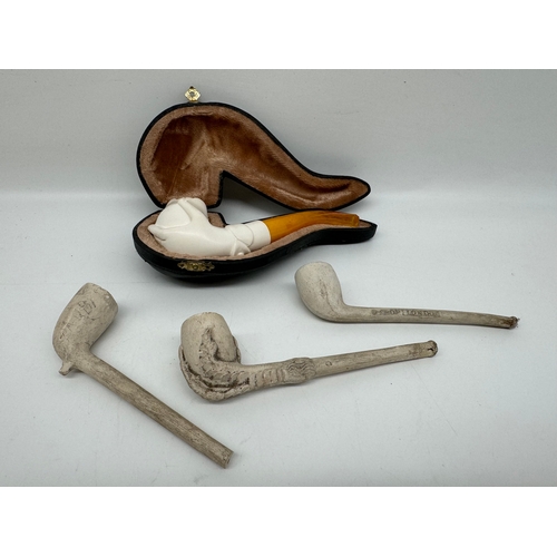 64 - Three 19th century clay pipes including Charles Crop of London + cased Meerschaum pipe