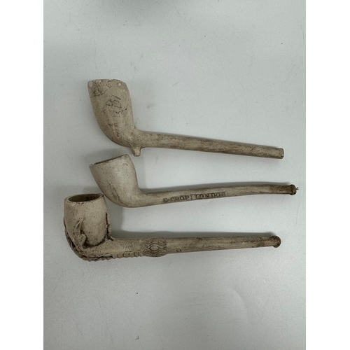 64 - Three 19th century clay pipes including Charles Crop of London + cased Meerschaum pipe