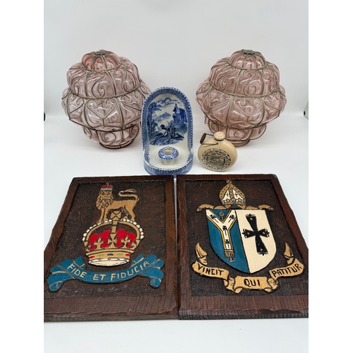 68 - Two carved wooden coat of arms plaques,  19th century blue & white candlestick holder, Fulham Potter... 