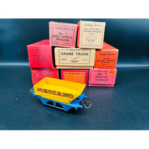 272 - 8 Boxed Hornby Series O Gauge Wagons, Crane Truck, No2 Special Tender, Tipping Wagons & Banana Van