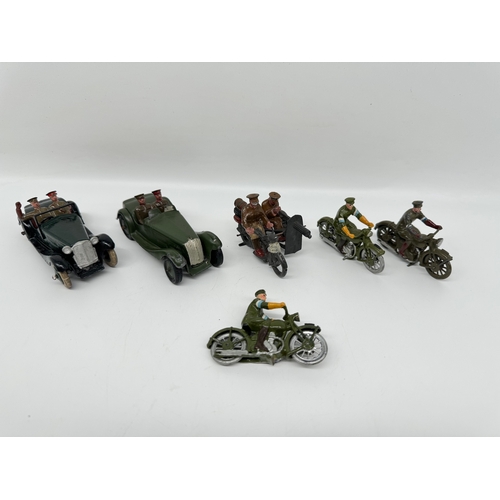 309 - Britains 1448 Army Staff Cars, 1793 Motor Machine Gun Corps Motorcycle + 3 Motorcycle Dispatch Rider... 