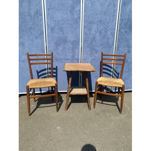 192 - Two retro wooden chairs and bamboo/cane side table. 

All dimensions in images.