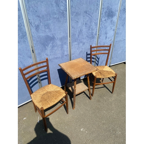 192 - Two retro wooden chairs and bamboo/cane side table. 

All dimensions in images.