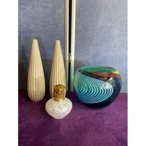 242 - Two John Rocha vases, A Murano Art glass goldfish bowl by Stefano Toso 20th century vase and perfume... 