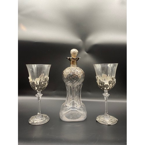 77 - Sterling silver / glass claret jug + white metal & glass wine glasses