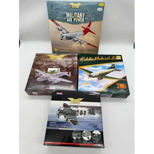 323 - Four Corgi die cast model aircraft Boeing C-97G Stratofreighter AA31002, AVRO Lancastrian BOAC 47402... 