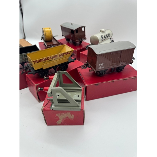 247 - Hornby Trains 0 Gauge - A collection of Vans, Trucks, Wagons + tracks - including No1 Goods Van, Fla... 