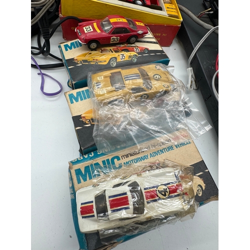 248 - Tri-ang Minic Motorway Motorised Track, race cars, bus + accessories, some in original cartons