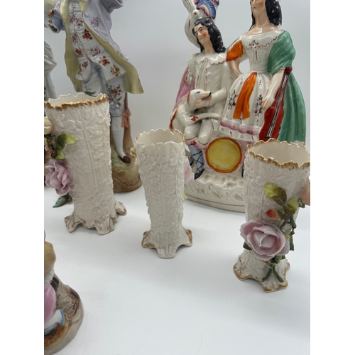 86 - Collection of 19th century Austrian / German porcelain figurines + ceramic flat backA/F