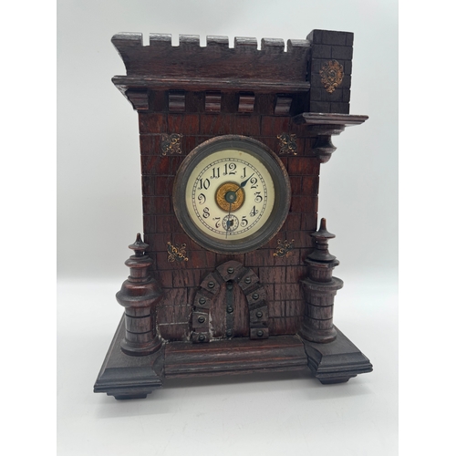 88 - 19th Century Bavarian Blackforest Musical Oak Mantle Clock - label is not clear but 1 tune is Schatz... 