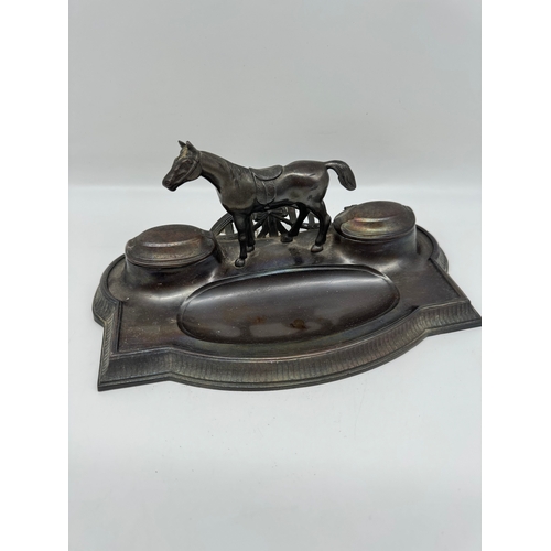 90 - Vintage German Metal Equine Desk Inkwell / Pen holder