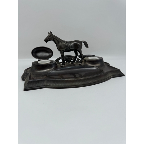 90 - Vintage German Metal Equine Desk Inkwell / Pen holder