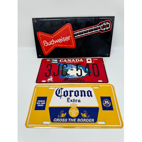 91 - Budweiser Enamel Plaque + Two Tin Plaques