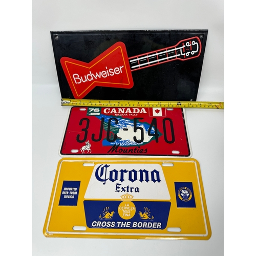 91 - Budweiser Enamel Plaque + Two Tin Plaques