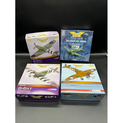 108 - Four Corgi WW2 Military Aircraft Models AA31906, AA32007, AA31910 - Spitfire, Douglas Skytrain, Hawk... 