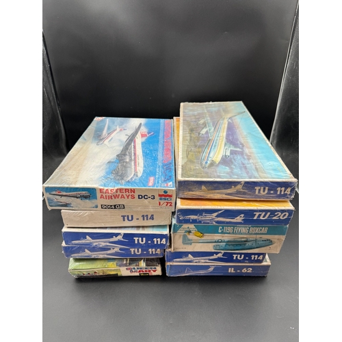 137 - A collection of 9 Sealed Commercial Airline Plasticart TU-114 / TU-20 / IL-62 Model Kits & others + ... 