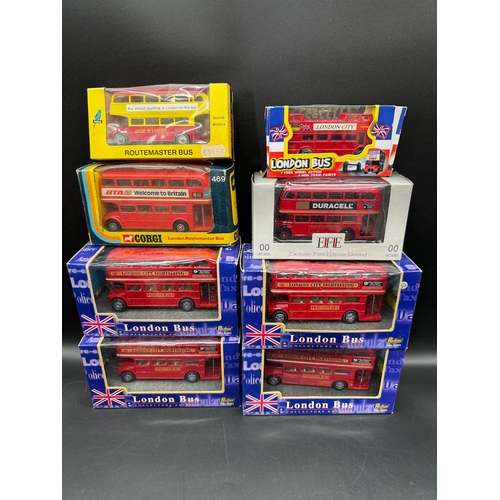 146 - A collection of 8 London Routemaster Bus Diecast Models all boxed by Corgi, Redbox, Budgie Models + ... 