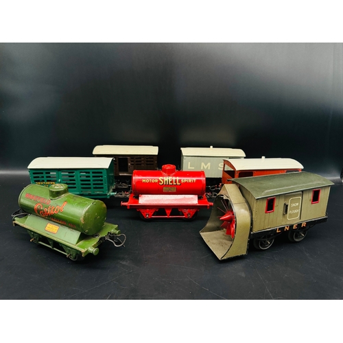 153 - 7 Hornby Series O Gauge Wagons including LNER Snow Plough, Shell & Castrol Tankers - unboxed