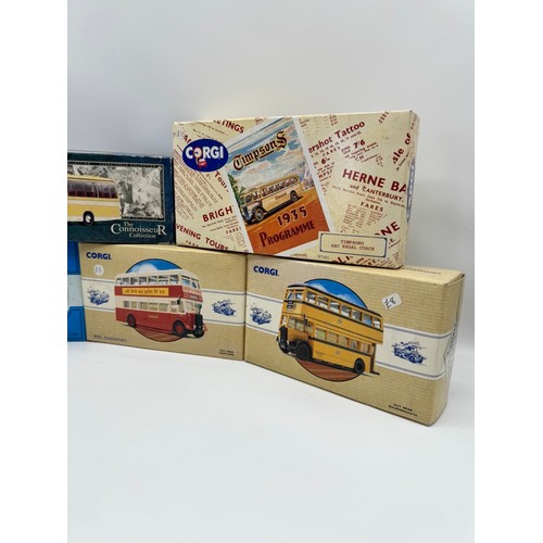 185 - Lot of 6 boxed Corgi buses / coaches - AEC Regal Coach, Guy Arab northern , Guy Arab Bournemouth, Ti... 