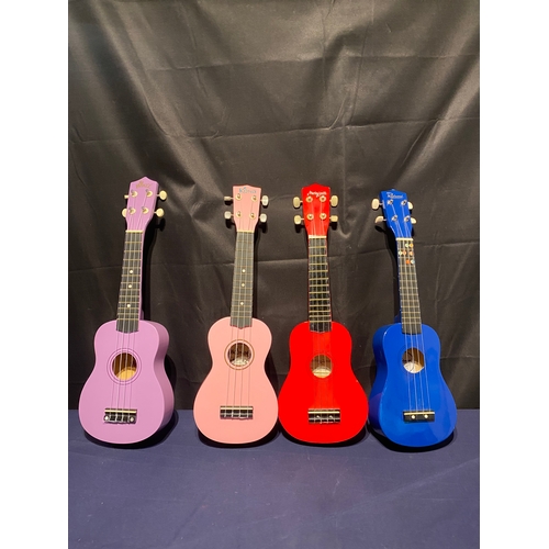 223 - A colourful collection of four branded Ukuleles including Winzz, Kona, Martin Smith and Redwoods.