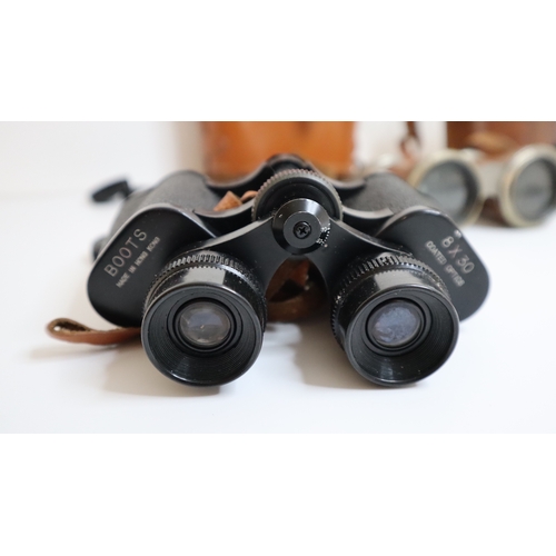 65A - Three Vintage Binoculars - Boots 8 x 30 , Carl Zeiss Jena 6x + 1 OTHER