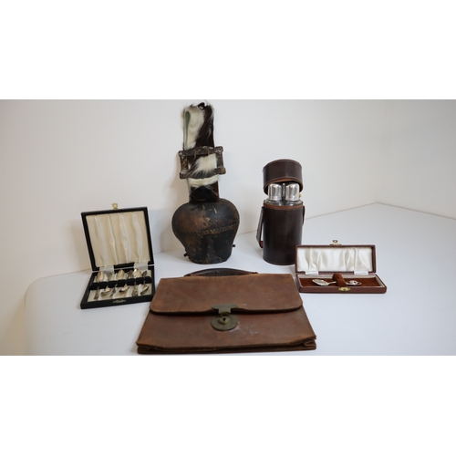 5 - Lot of various vintage collectables including cow-bell, leather satchel Fell & Briant Ltd Beddington... 