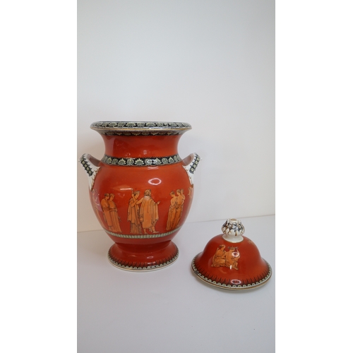 13 - Large 19th Century Orange Neo Classical Lidded Urn Vase Greek Mythology -  45cm