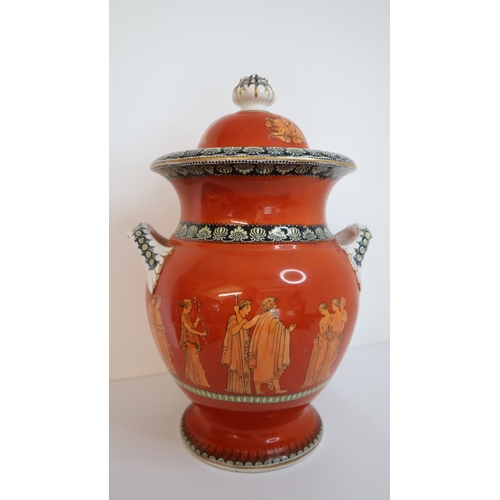 13 - Large 19th Century Orange Neo Classical Lidded Urn Vase Greek Mythology -  45cm