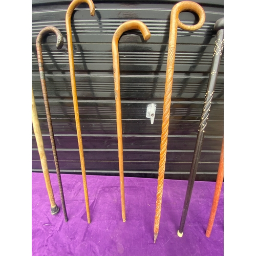 87 - A collection of walking sticks / canes and ceramic stick/umbrella holder.