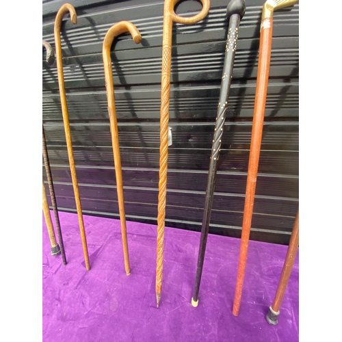 87 - A collection of walking sticks / canes and ceramic stick/umbrella holder.