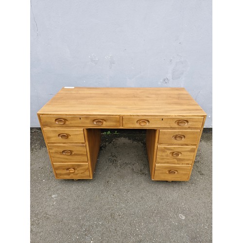 196 - Mid century Elm Ercol Kneehole Desk Blue Label - 46.5