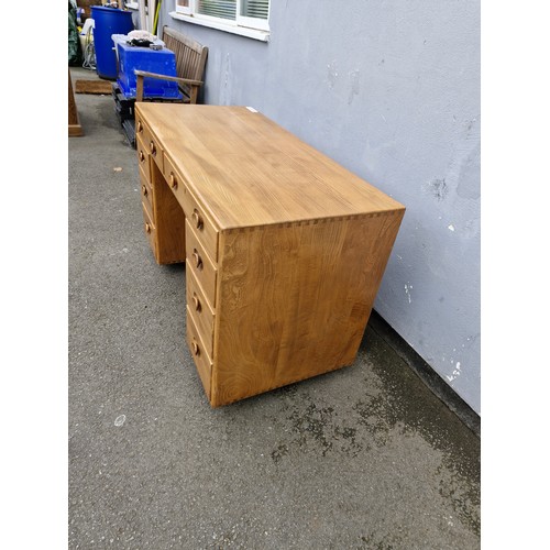 196 - Mid century Elm Ercol Kneehole Desk Blue Label - 46.5