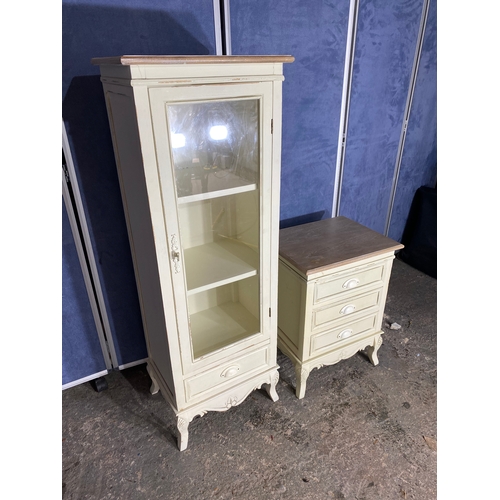 217 - Matching Painted Pine three drawer cabinet and glass front display unit.