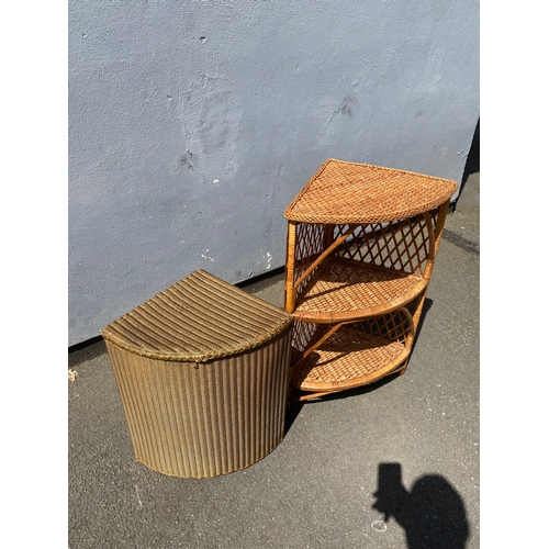 272 - Lloyd loom laundry basket and a three tier wicker corner shelving unit.