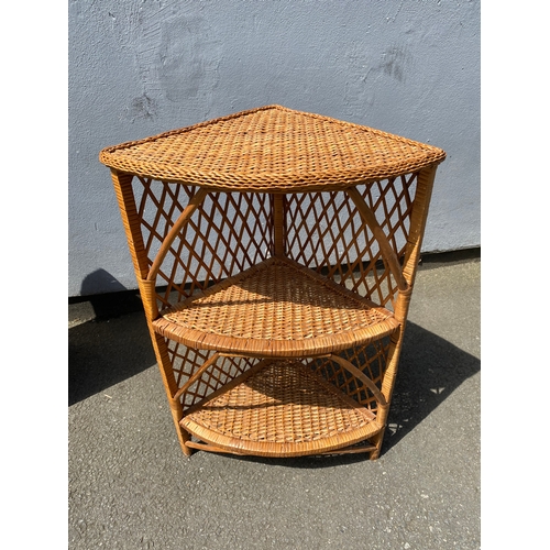 272 - Lloyd loom laundry basket and a three tier wicker corner shelving unit.