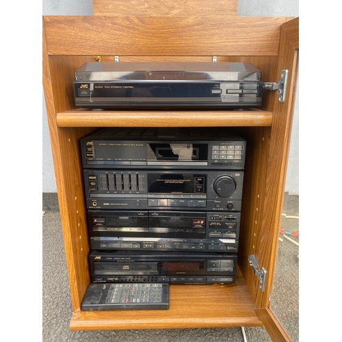 287 - JVC Hi-Fi System and Mid century teak glass front Hi-Fi cabinet on wheels