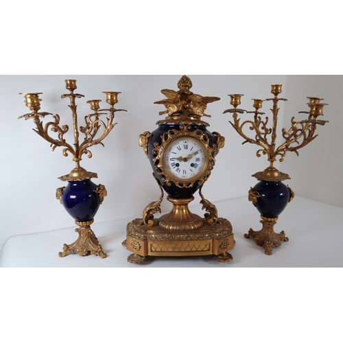 25 - Striking Late 19th Century Rococo Style French Gilt Bronze and Cobalt Blue Porcelain Ormolu Mantel C... 